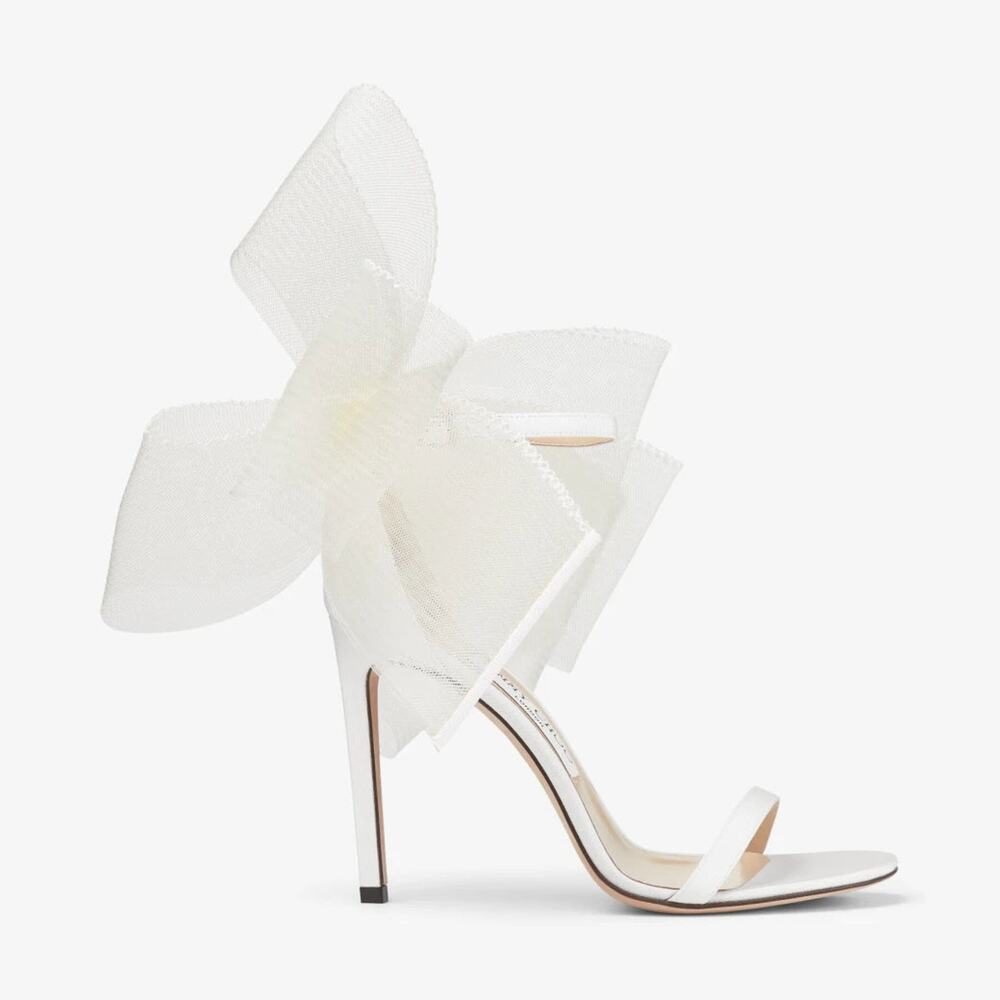 Jimmy Choo White Satin Tulle Bow Stiletto Heels - Picture 6 of 11